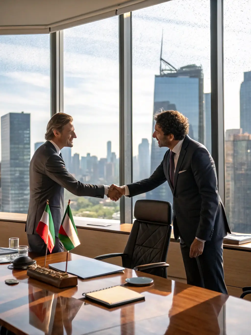 A professional in a suit shaking hands with a candidate in an office setting, symbolizing job placement services for expats.